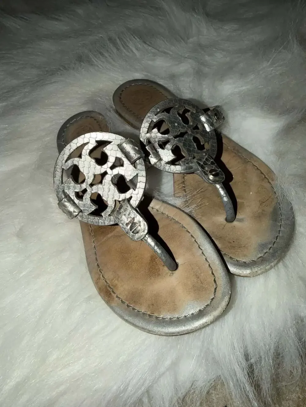 Tory Burch Miller Metallic Snakeskin Logo Thong Sandals